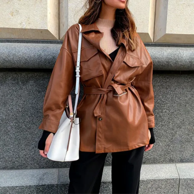 Leather jacket thinned lace waist PU leather long sleeved dress Brown - Shop at LoveMi