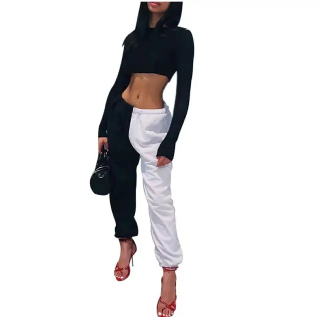 Splicing beam feet hip hop casual pants women's pants Black White - Shop at LoveMi