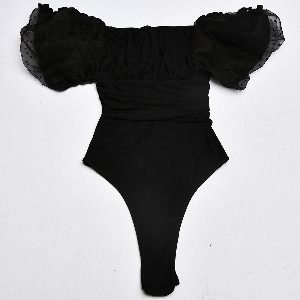 Mesh cutout princess sleeve slim bodysuit Black - Shop at LoveMi