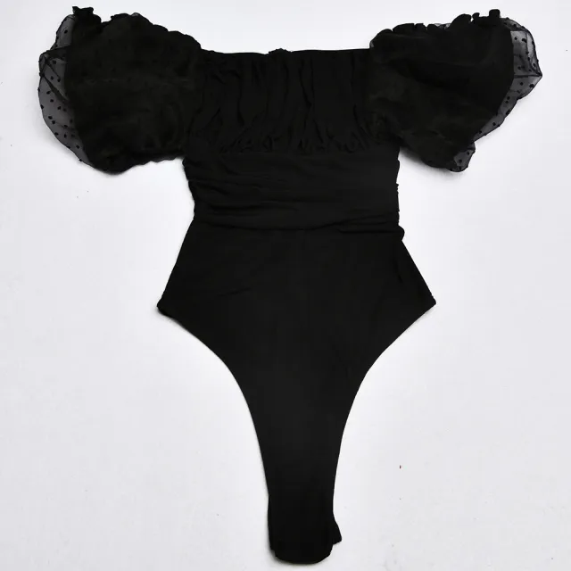 Mesh cutout princess sleeve slim bodysuit Black - Shop at LoveMi