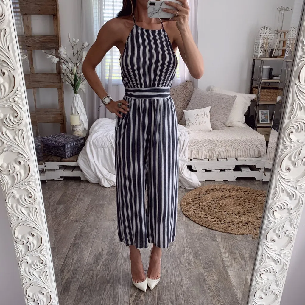 Halter halter sleeveless striped jumpsuit - Stripe