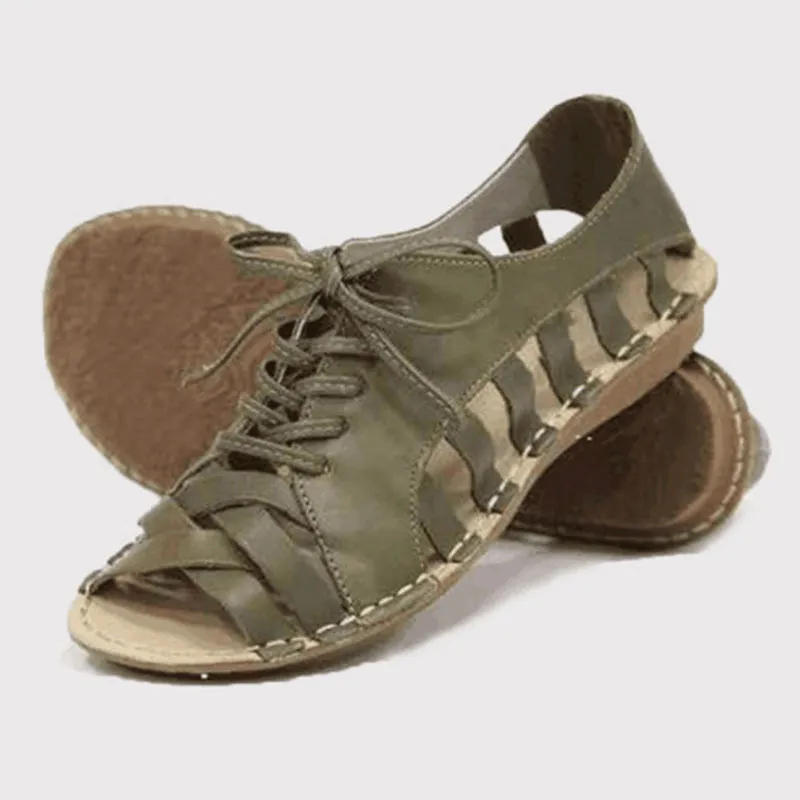 Roman style foreign trade lace-up flat sandals - Green