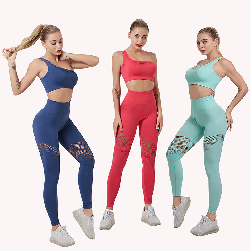 Gathered single shoulder sports bra bra mesh high waist hip yoga pants