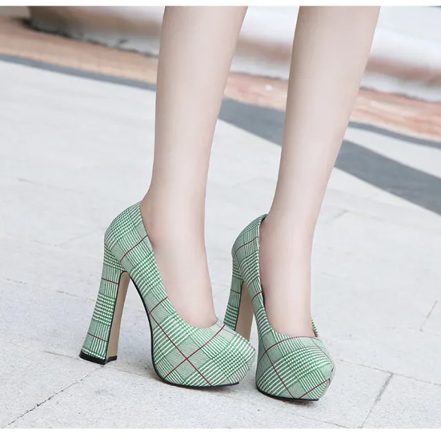 High heels waterproof platform houndstooth Green - Shop at LoveMi