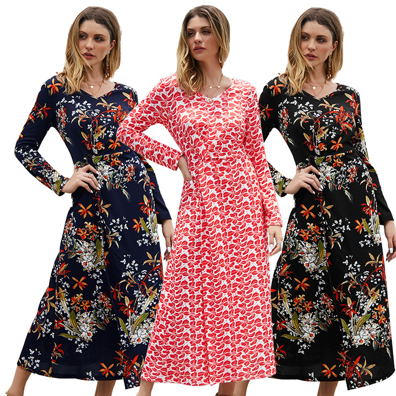 V-neck printed long sleeve dress with split waistband