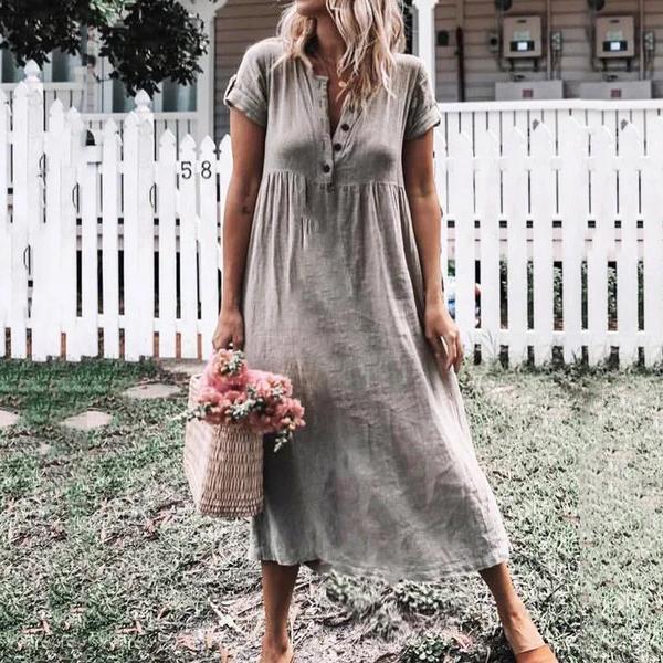 Solid color round neck dress