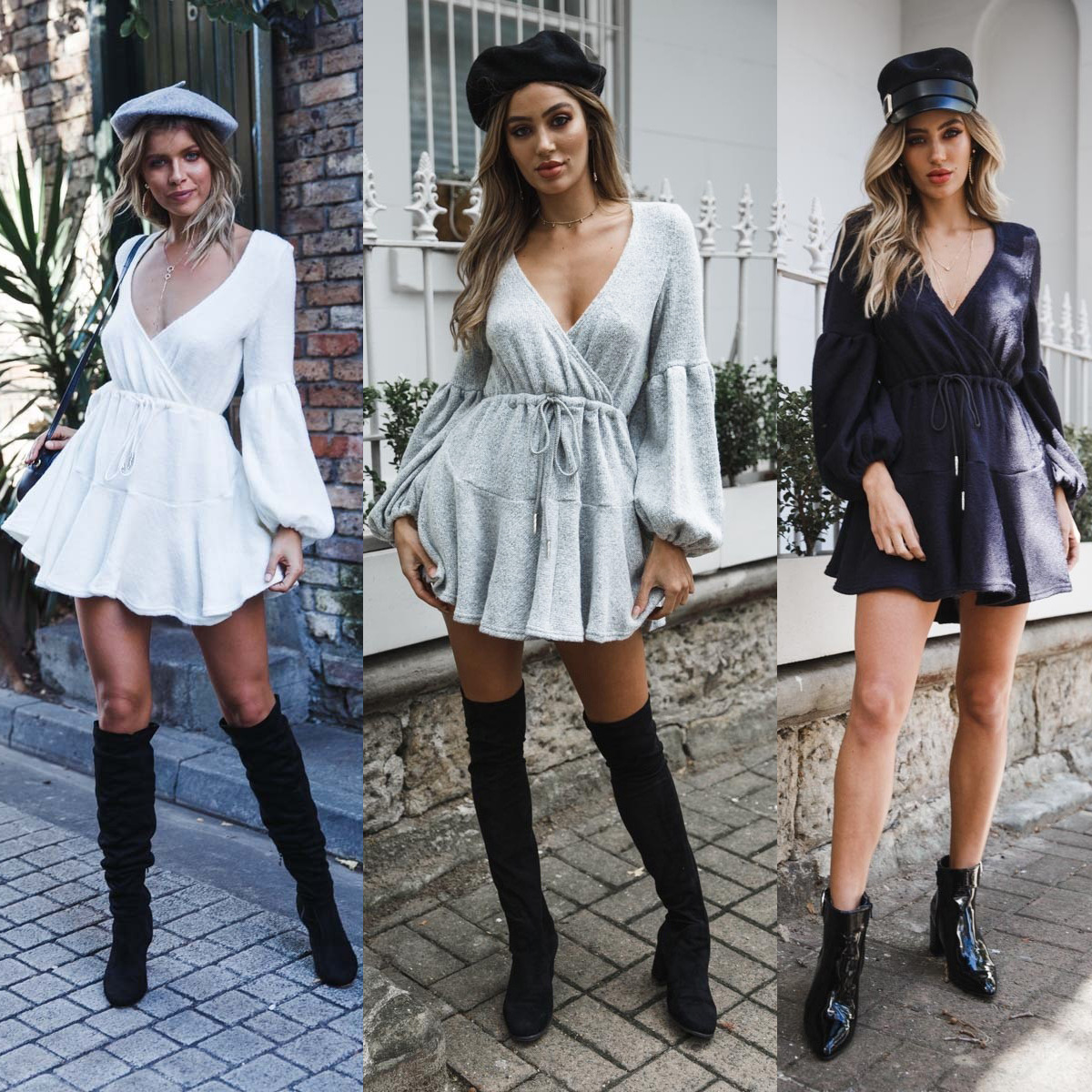 Feel lace warm V-neck solid color dress