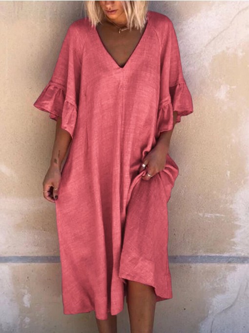 Solid color V-neck dress with ruffle sleeves