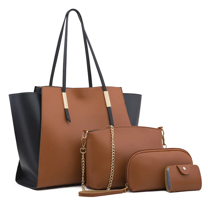 Women's solid color four-piece bag - Brown