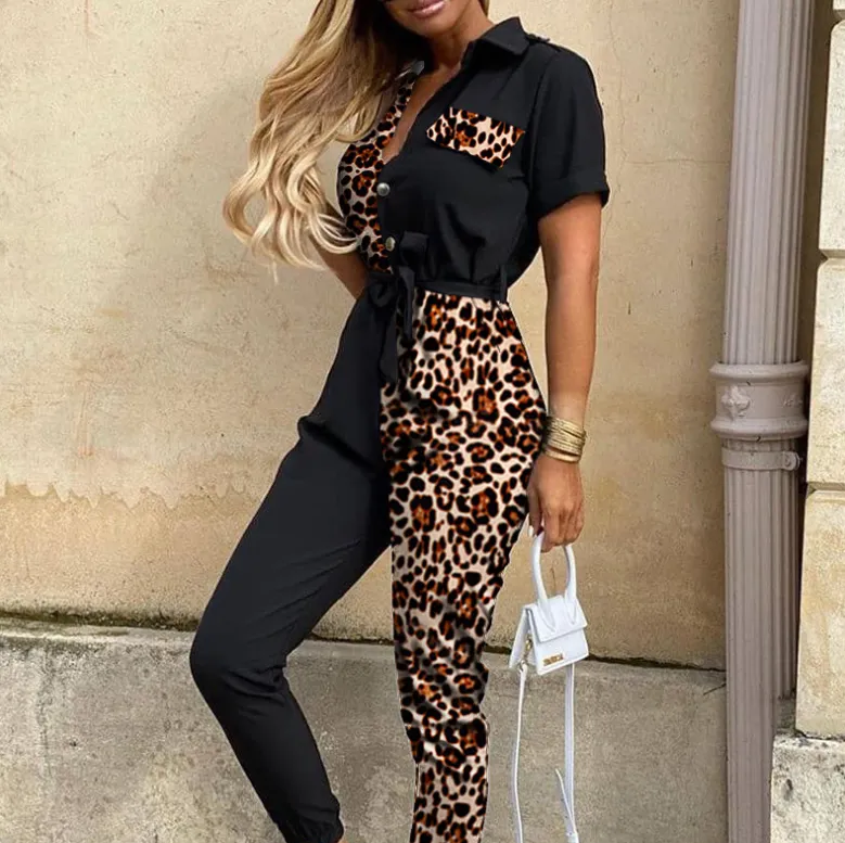 Women's leopard stitching jumpsuit - Leopard Print