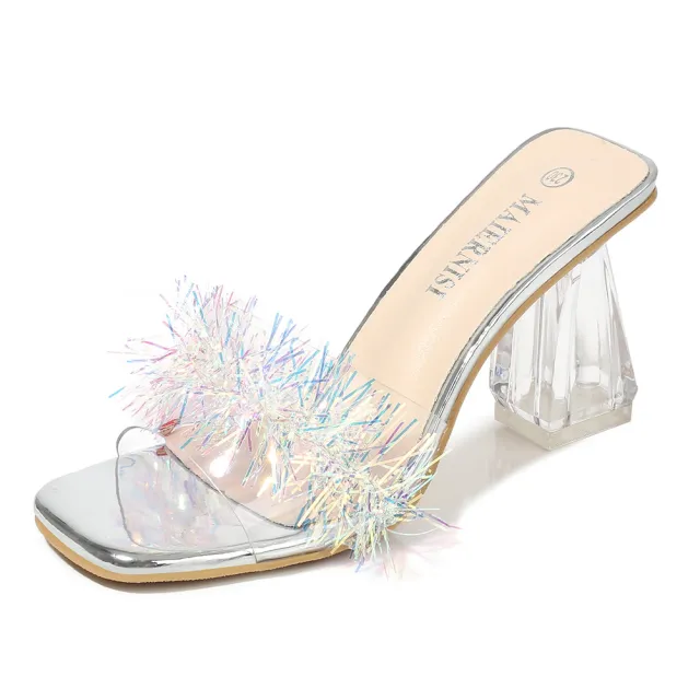 Color personality chunky heel sandals Silver - Shop at LoveMi
