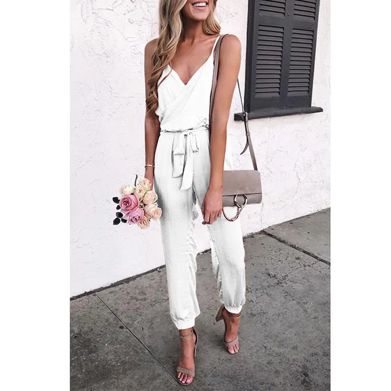 Women's solid color sling belt one-piece - White