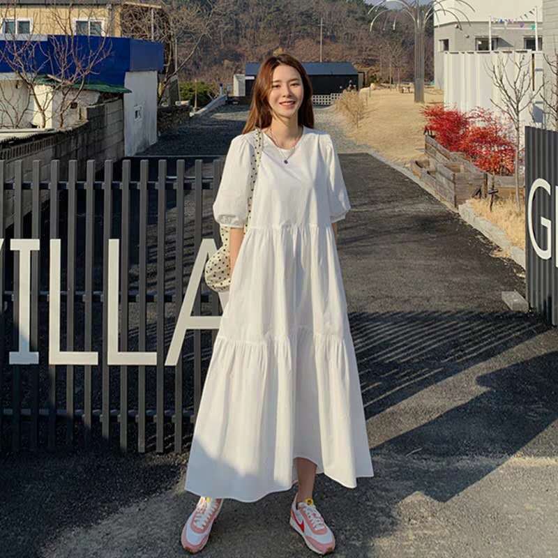 South Korea loose white dress women's plus-size temperament lady in the sleeve of the a-line fairy skirt to the ankle skirt summer