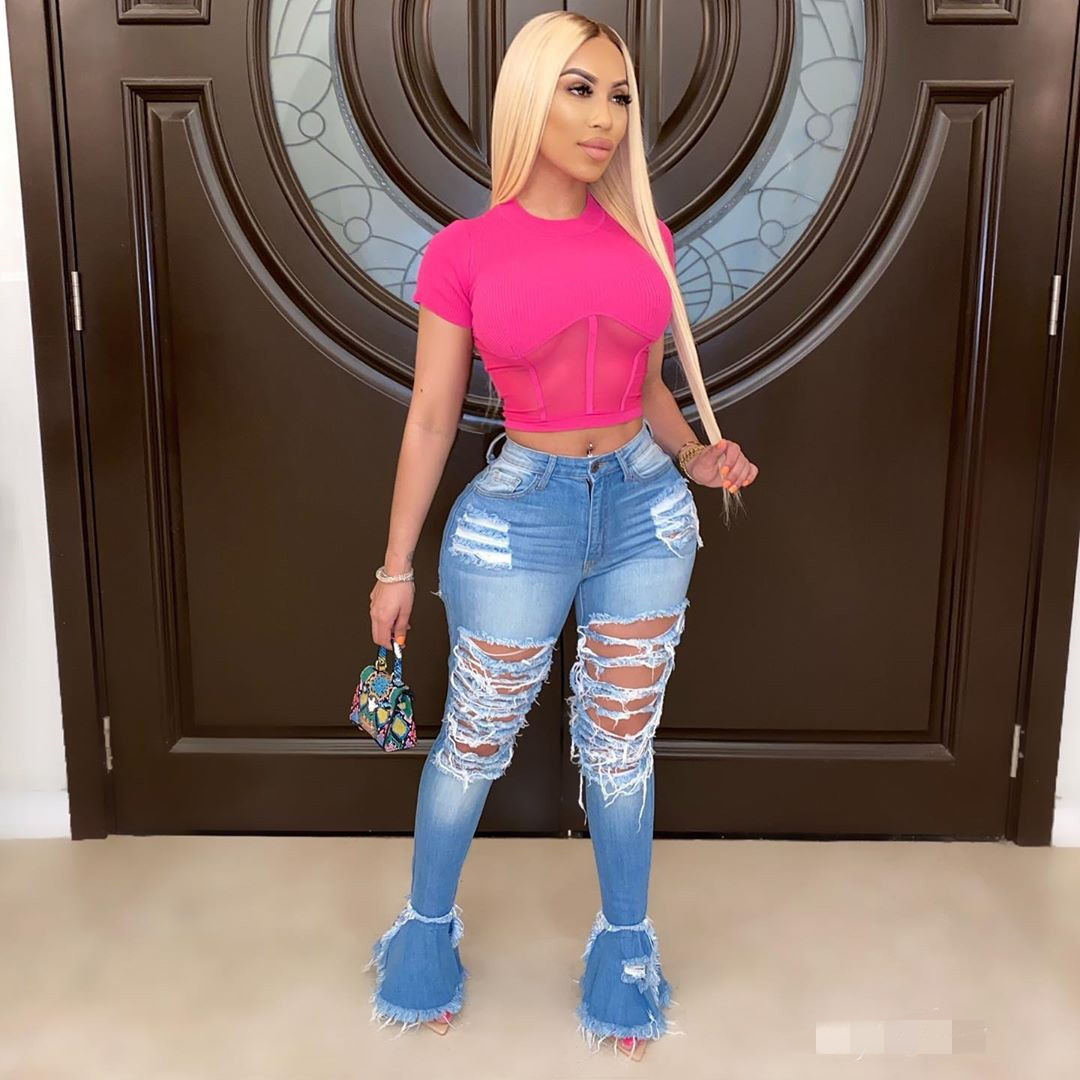 Classic jeans with fringed holes Blue - Shop at LoveMi