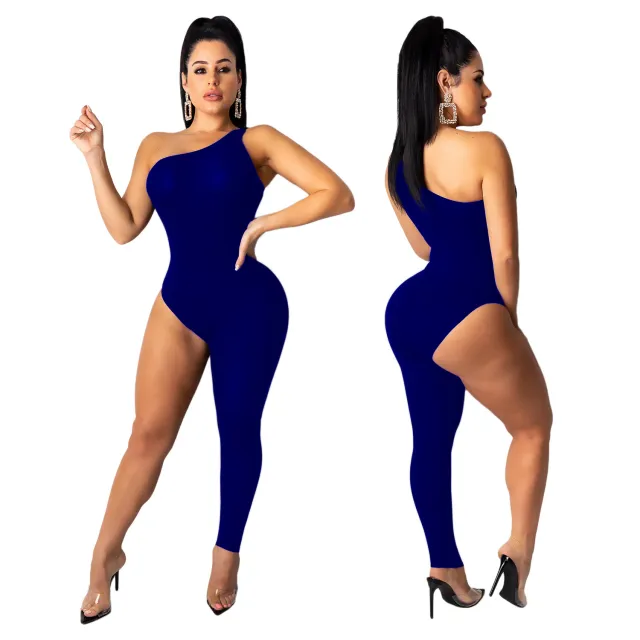 Asymmetric solid color jumpsuit Blue - Shop at LoveMi