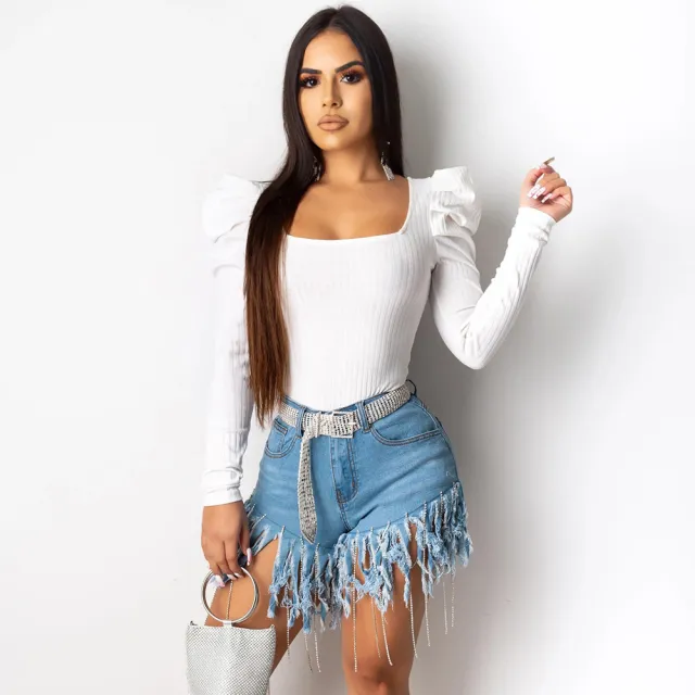 Fringed denim shorts Light Blue - Shop at LoveMi