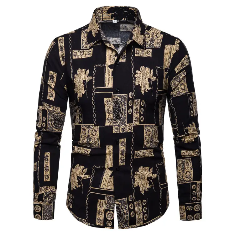 Men's Long-Sleeve Button-Down Shirt with Geometric Print