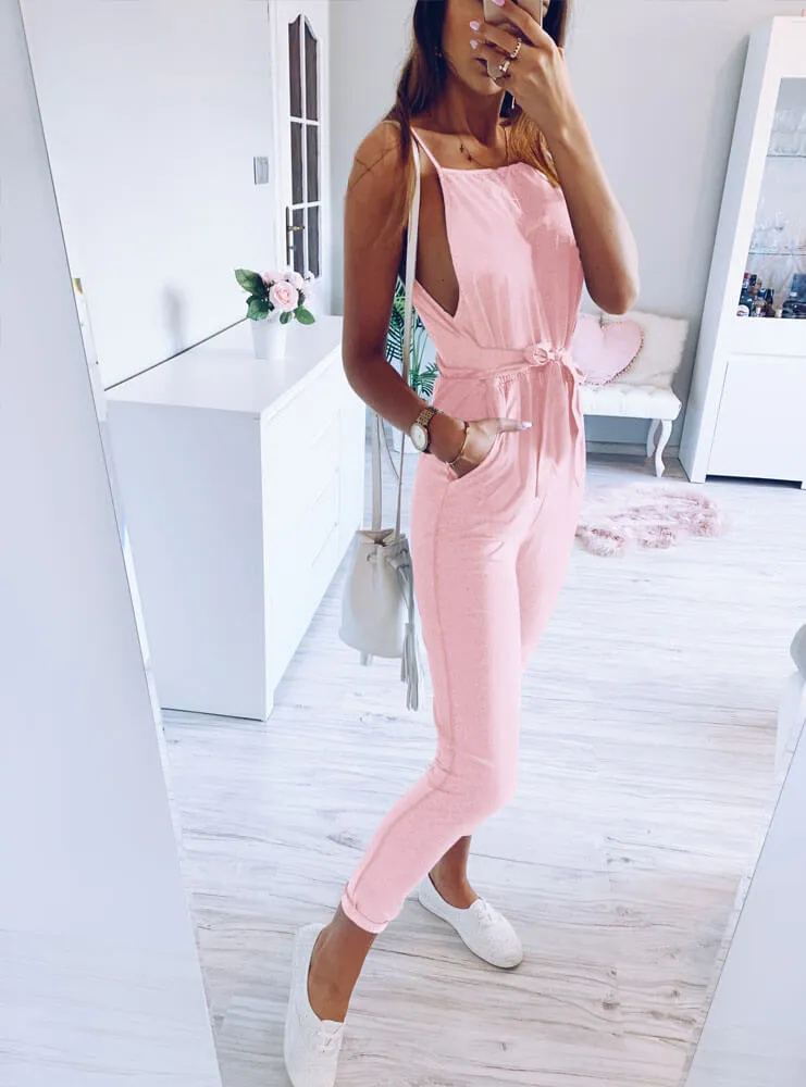 Casual sling backless lace-up jumpsuit - Pink