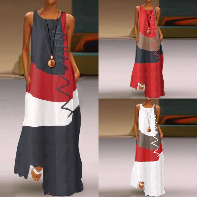 Retro contrast color cotton and linen dress