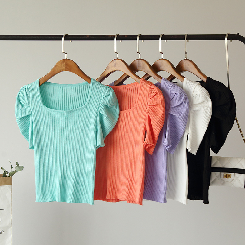 Puff sleeve knitted T-shirt