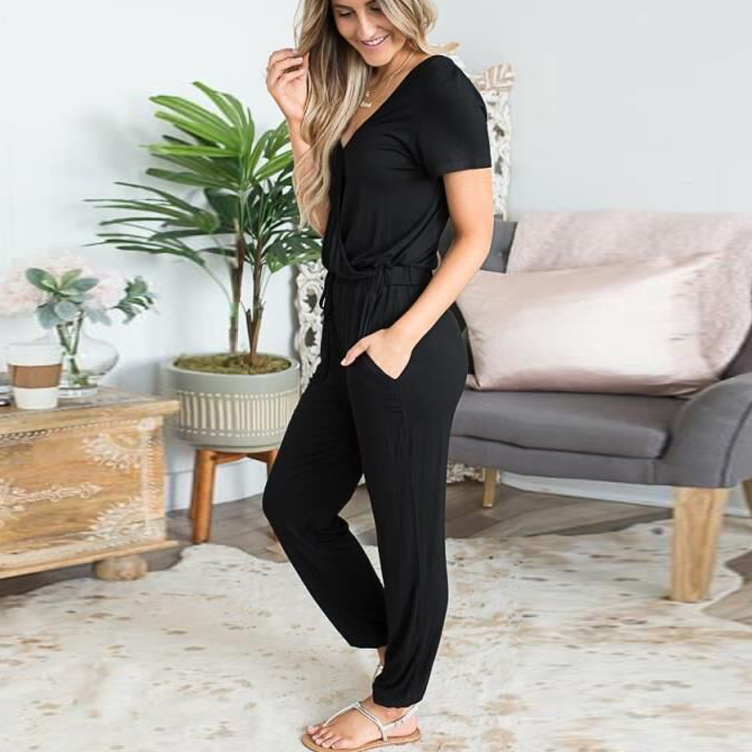 Women's deep V-neck cross jumpsuit
