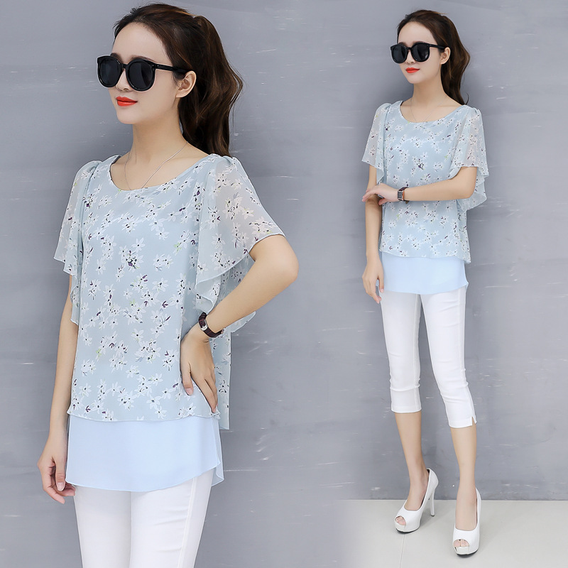 Round neck chiffon shirt bat sleeve top