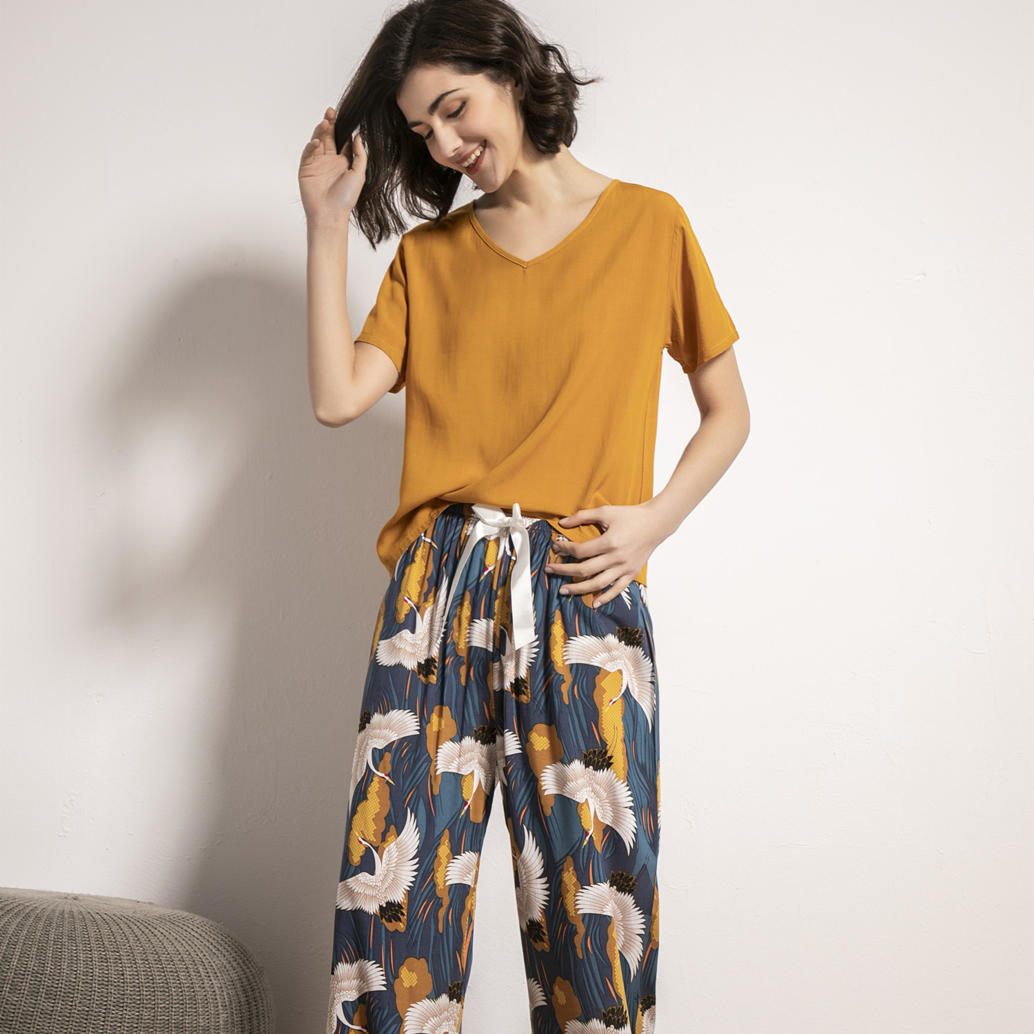 Cotton silk contrast color pajamas