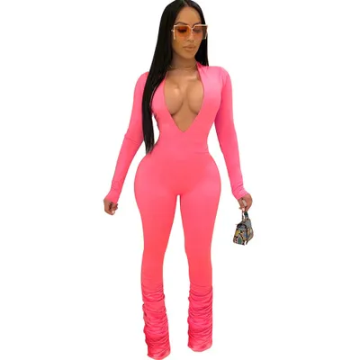 Solid color big V-neck tight ladies one-piece pants - Pink