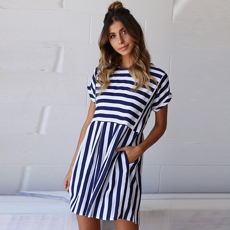 Striped round neck slim slim female dress