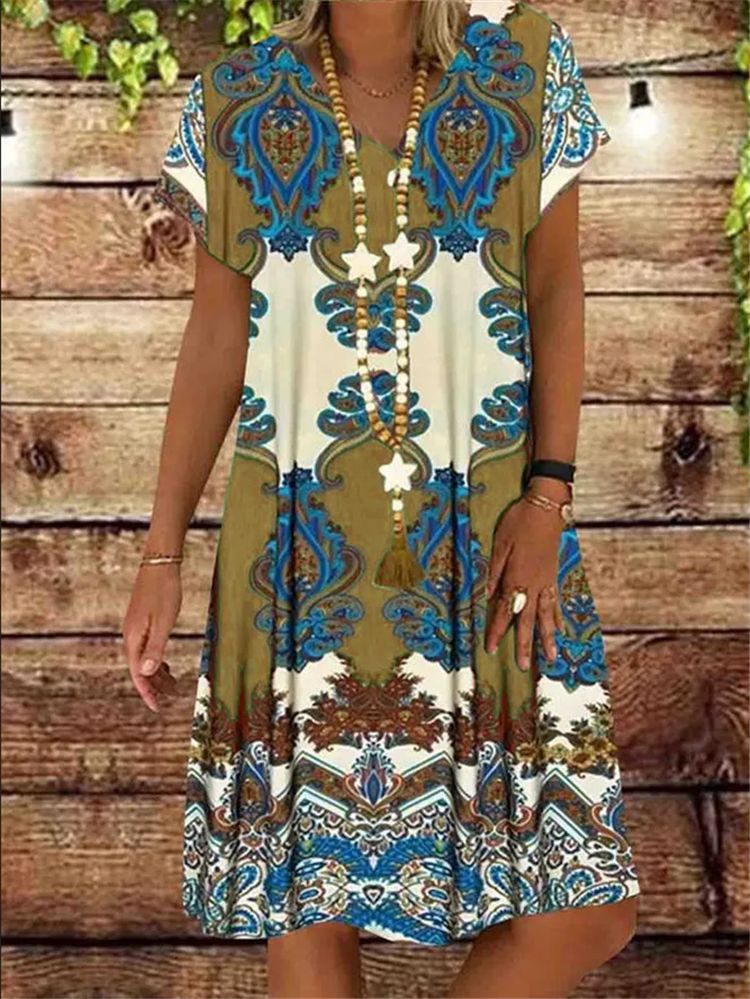 Printed short sleeve V-neck midi dress