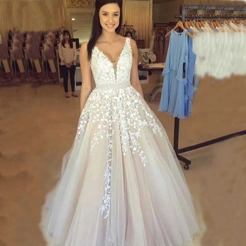 Shoulder lace wedding evening dress - White