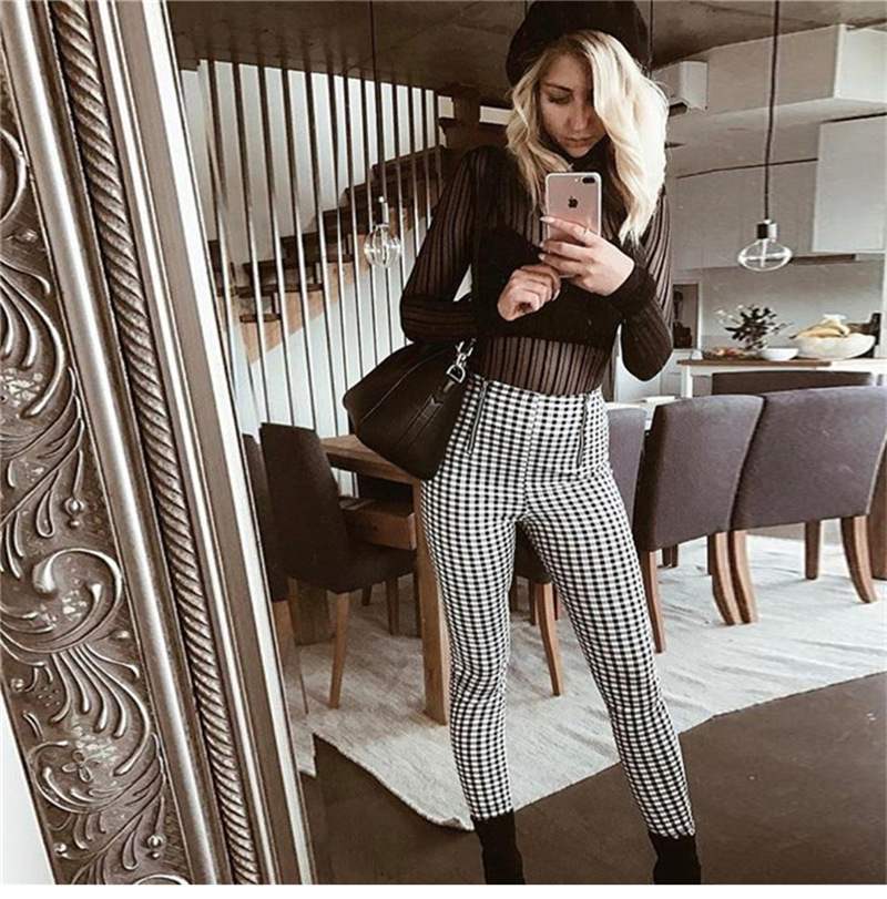 Plaid high waist casual pants