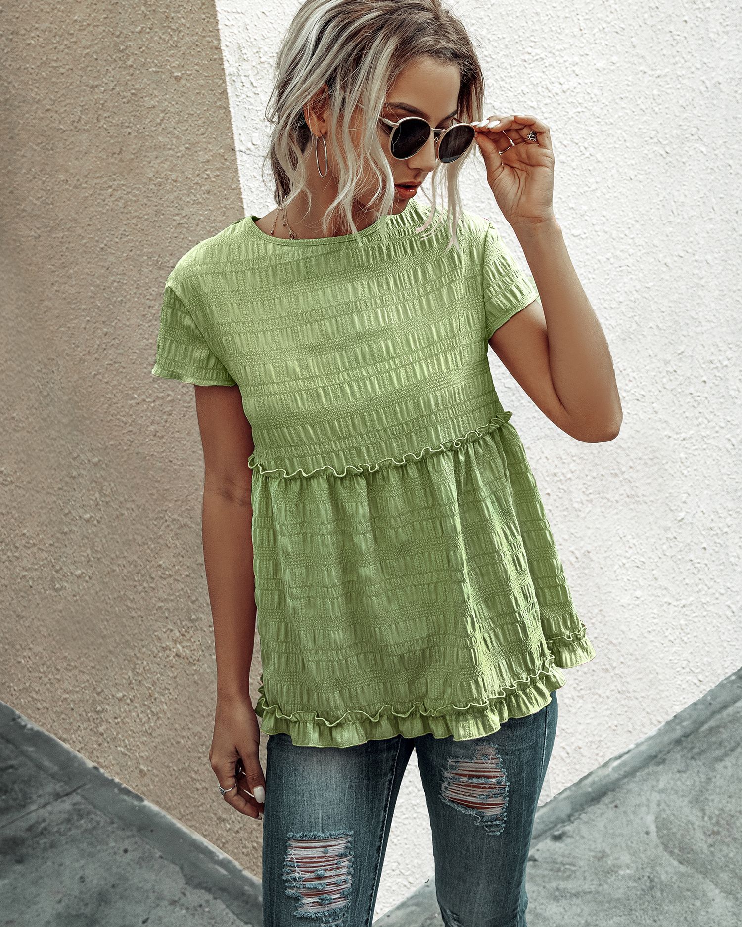Women's round neck pleated T-shirt