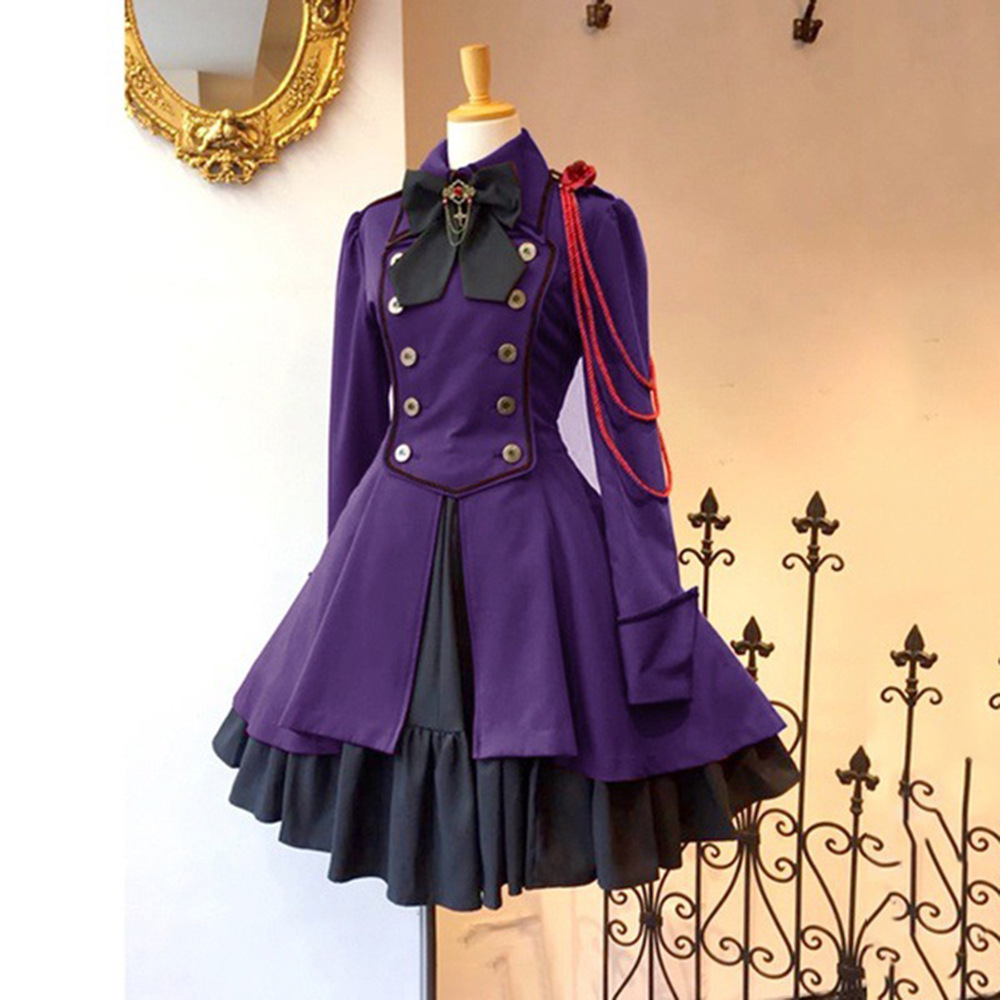 Retro bow long sleeve ruffled cosplay dress