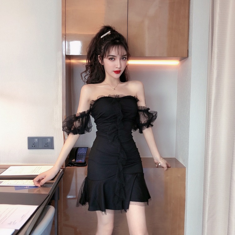 Spliced mesh tube top ruffle skirt