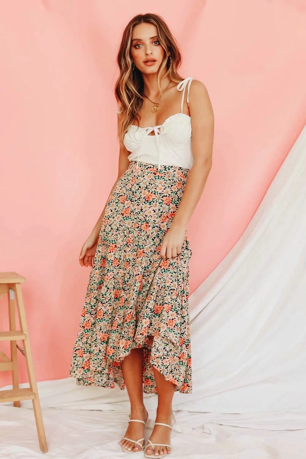 Spring and summer retro print high waist big swing skirt