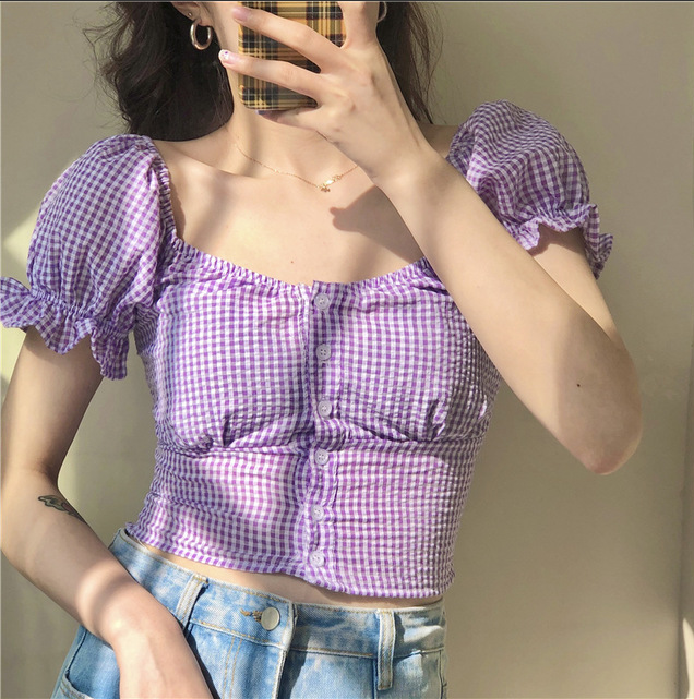 Purple plaid short sleeve puff sleeve square collar