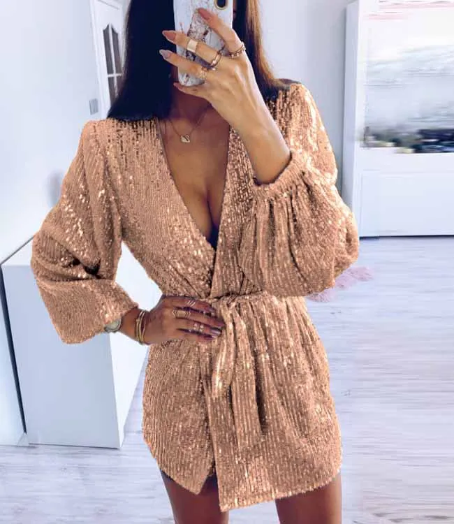 Irregular short skirt sequin dress - Rose Gold