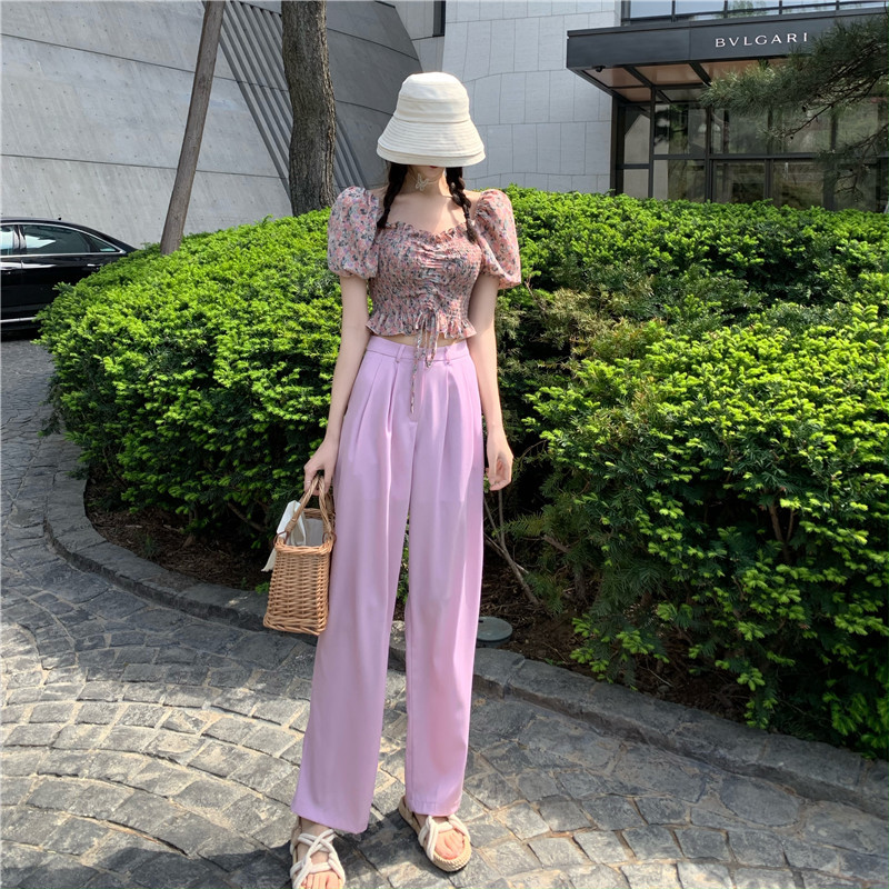 Square neck pleated drawstring floral shirt