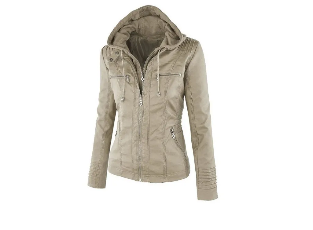 Long-sleeved women's leather jacket - Beige