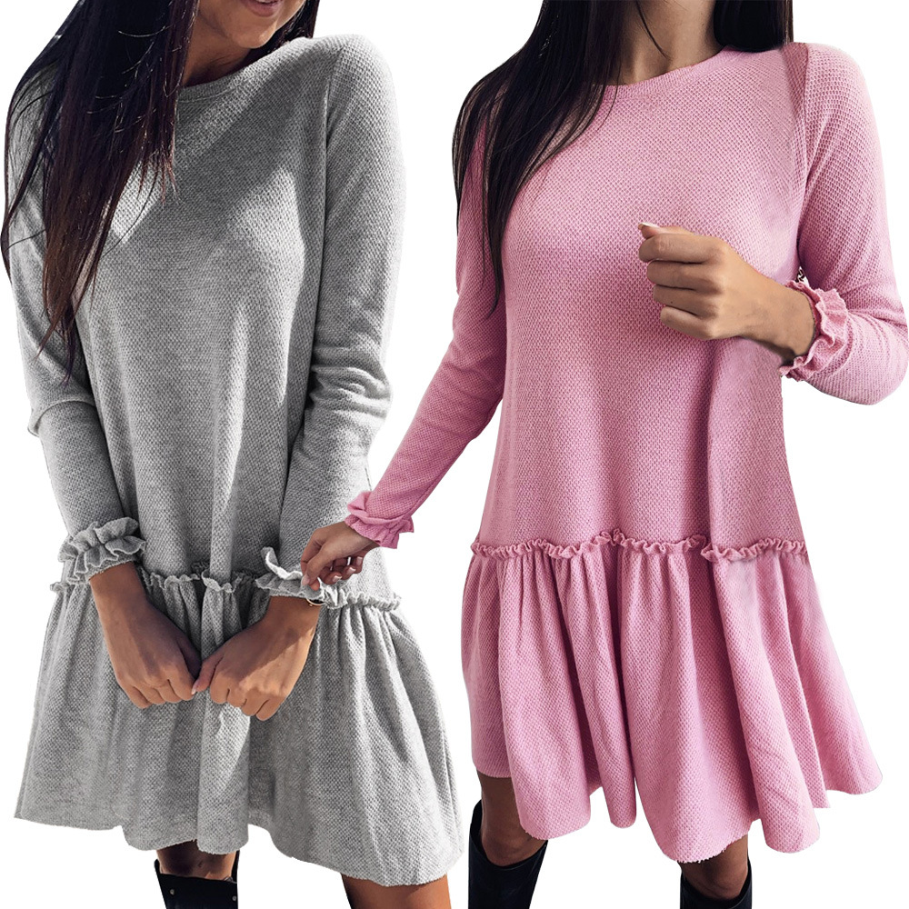 Solid color round neck long sleeve sleeve dress