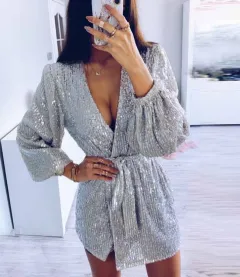 Irregular short skirt sequin dress - Sliver-M - View 1