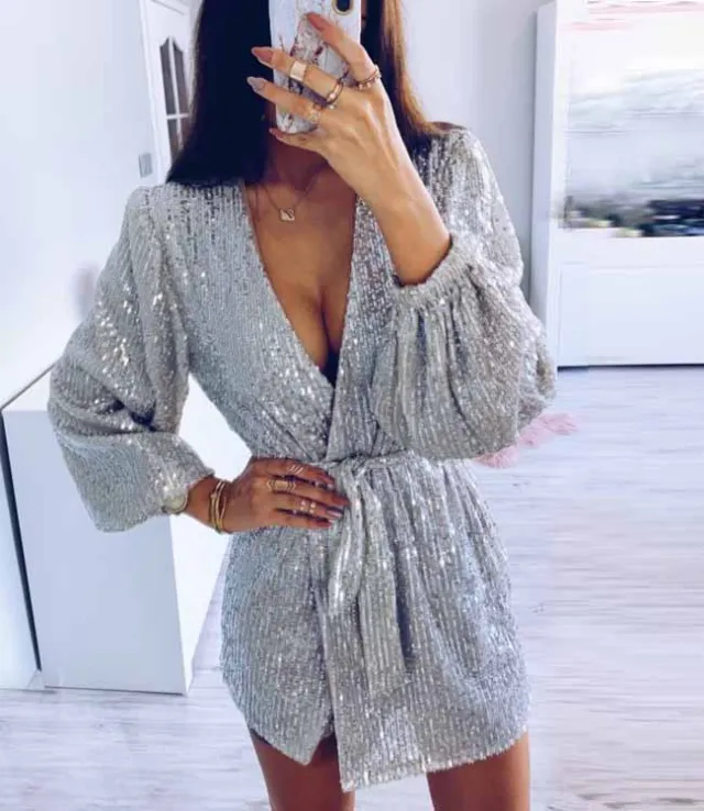 Irregular short skirt sequin dress Sliver M - Shop at LoveMi