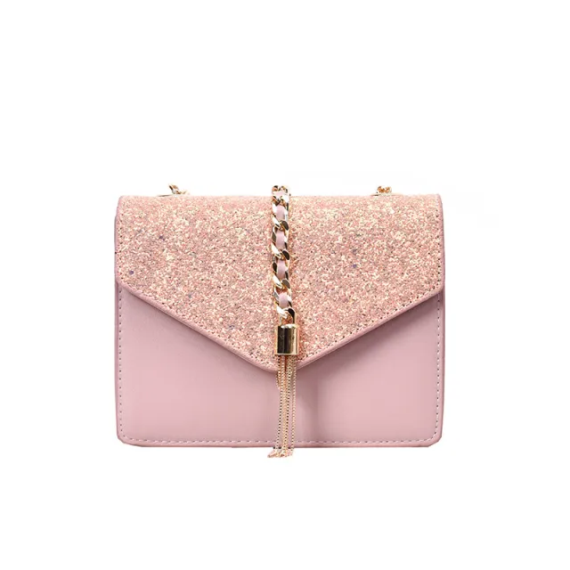 Sequined shoulder messenger bag wild chain small square bag Pink - Shop at LoveMi