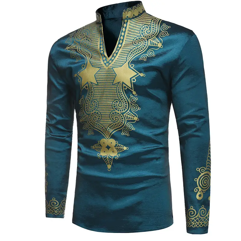 Men's Long Sleeve Pullover Shirt with Mandarin Collar and Ethnic Print