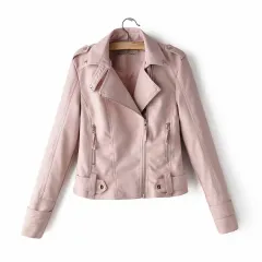 Short PU motorcycle leather jacket - Pink - View 1