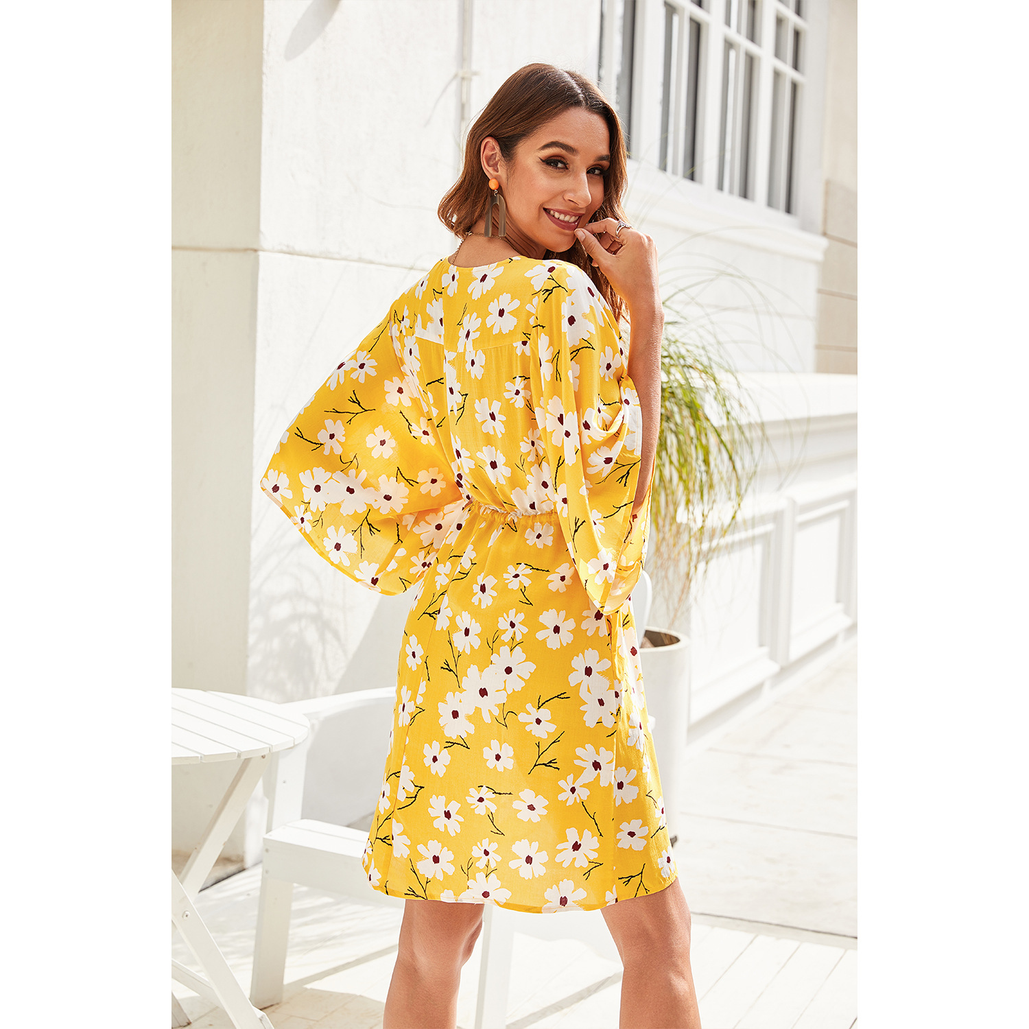 Printed floral V-neck loose tie casual dress