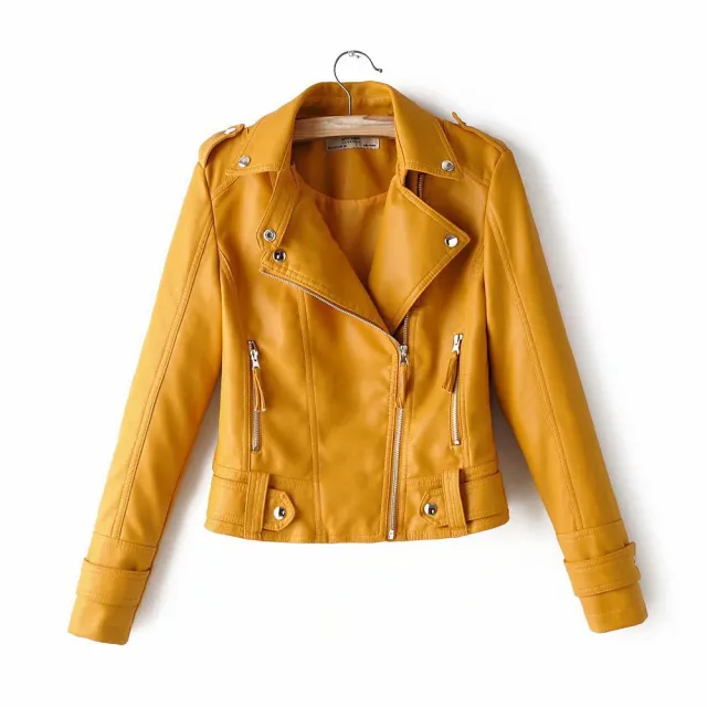 Short PU motorcycle leather jacket Yellow - Shop at LoveMi
