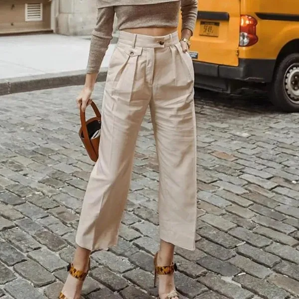 Women's solid color cotton loose trousers Beige - Shop at LoveMi