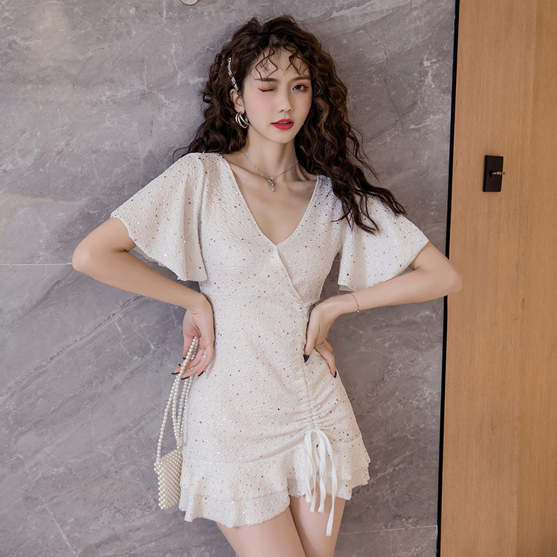 Women's Ruffled Drawstring V-Neck Dress